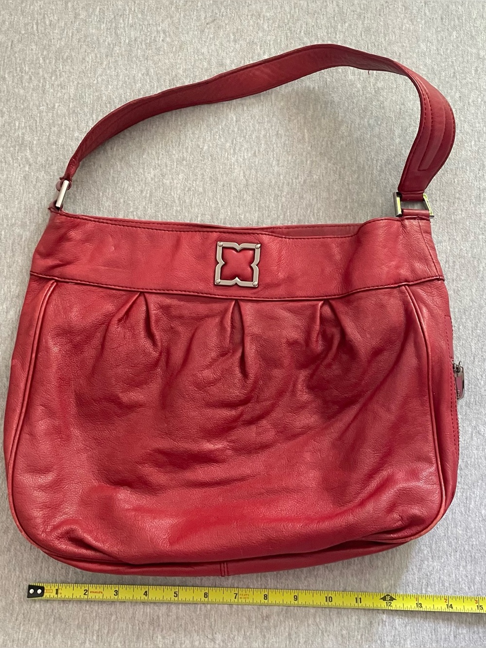 BCBG Red Leather Shoulder Bag with Decorative Accent 2 Small Side Zip Pockets
